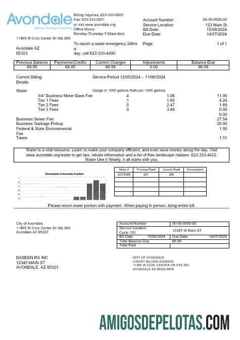 Em branco modelo de conta de serviços públicos de água da cidade de Avondale, EUA, Arizona, em formatos Word e PDF